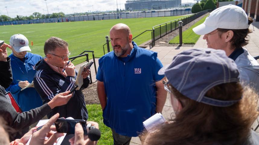 Offensive Line Coach Carmen Bricillo, of the NY Giants NFL team at an organized team activity at their training facility in East Rutherford, NJ on Thursday May 30, 2024.