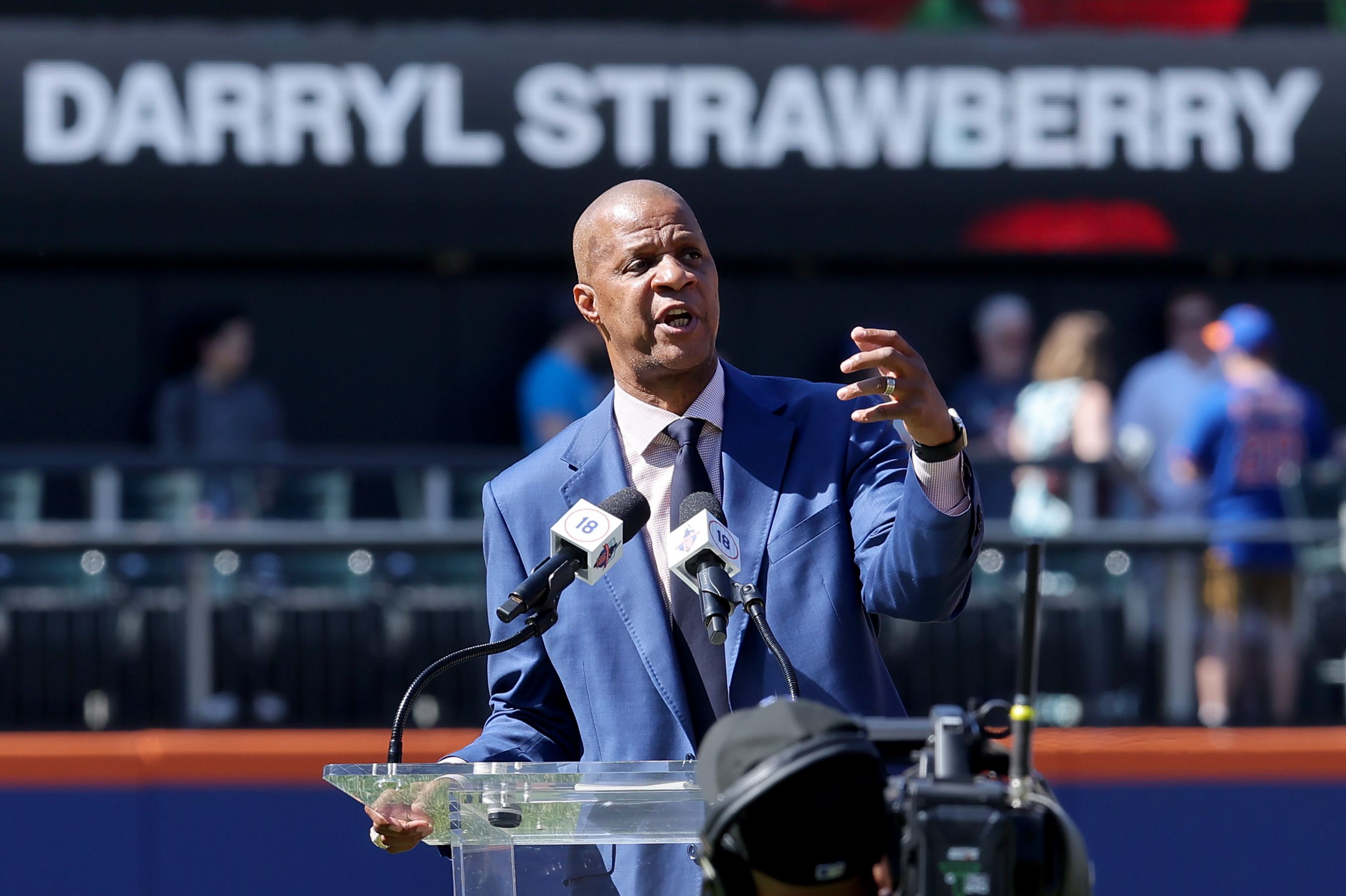 Jun 1, 2024; New York City, New York, USA; New York Mets former player Darryl Strawberry speaks during a pregame ceremony to retire his number 18 before a game against the Arizona Diamondbacks at Citi Field. Mandatory Credit: Brad Penner-USA TODAY Sports