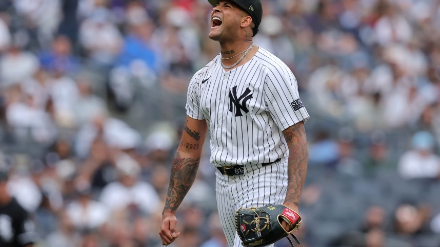 May 18, 2024; Bronx, New York, USA; New York Yankees starting pitcher Luis Gil (81) reacts after the final out in the top of the sixth inning against the Chicago White Sox at Yankee Stadium. Mandatory Credit: Brad Penner-USA TODAY Sports