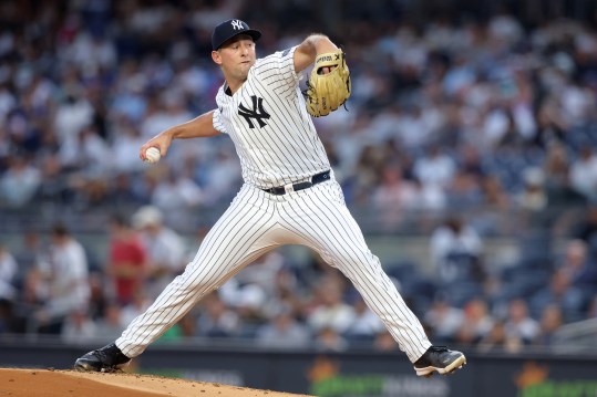 Jun 7, 2024; Bronx, New York, USA; New York Yankees starting pitcher Cody Poteet (72) pitches against the Los Angeles Dodgers during the first inning at Yankee Stadium. Mandatory Credit: Brad Penner-USA TODAY Sports