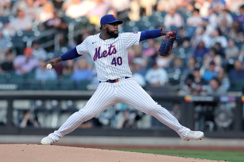 Jun 13, 2024; New York City, New York, USA; New York Mets starting pitcher Luis Severino (40) pitches against the Miami Marlins during the first inning at Citi Field. Mandatory Credit: Brad Penner-USA TODAY Sports