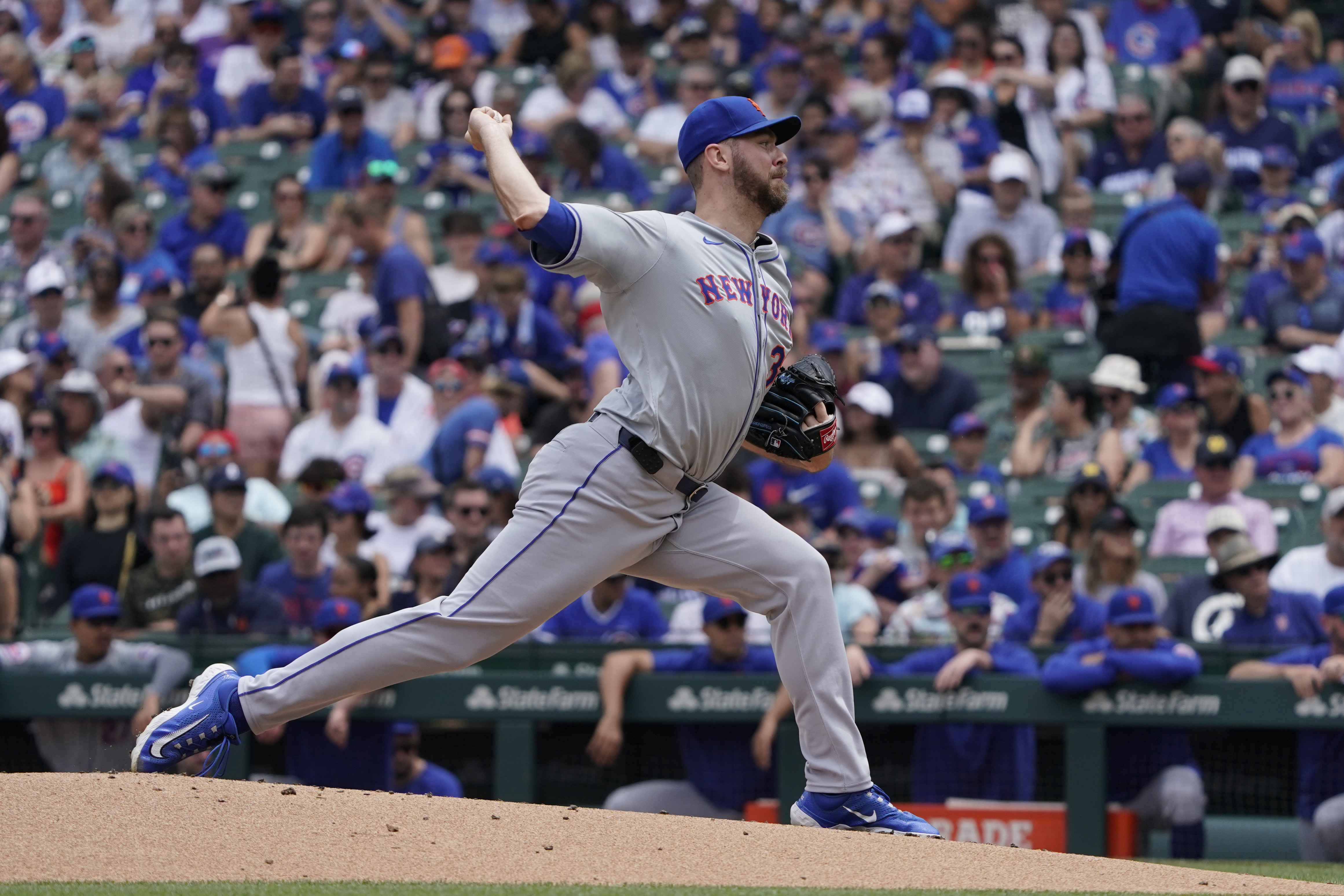 Jun 22, 2024; Chicago, Illinois, USA; New York Mets pitcher Tylor Megill (38) throws the ball against the Chicago Cubs during the first inning at Wrigley Field. Mandatory Credit: David Banks-USA TODAY Sports