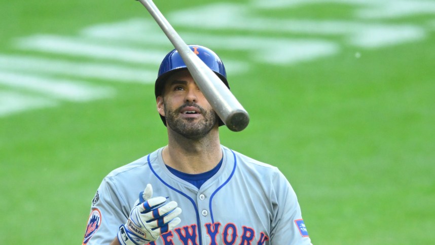 May 21, 2024; Cleveland, Ohio, USA; New York Mets designated hitter J.D. Martinez (28) tosses his bat after striking out in the fifth inning against the Cleveland Guardians at Progressive Field. Mandatory Credit: David Richard-USA TODAY Sports