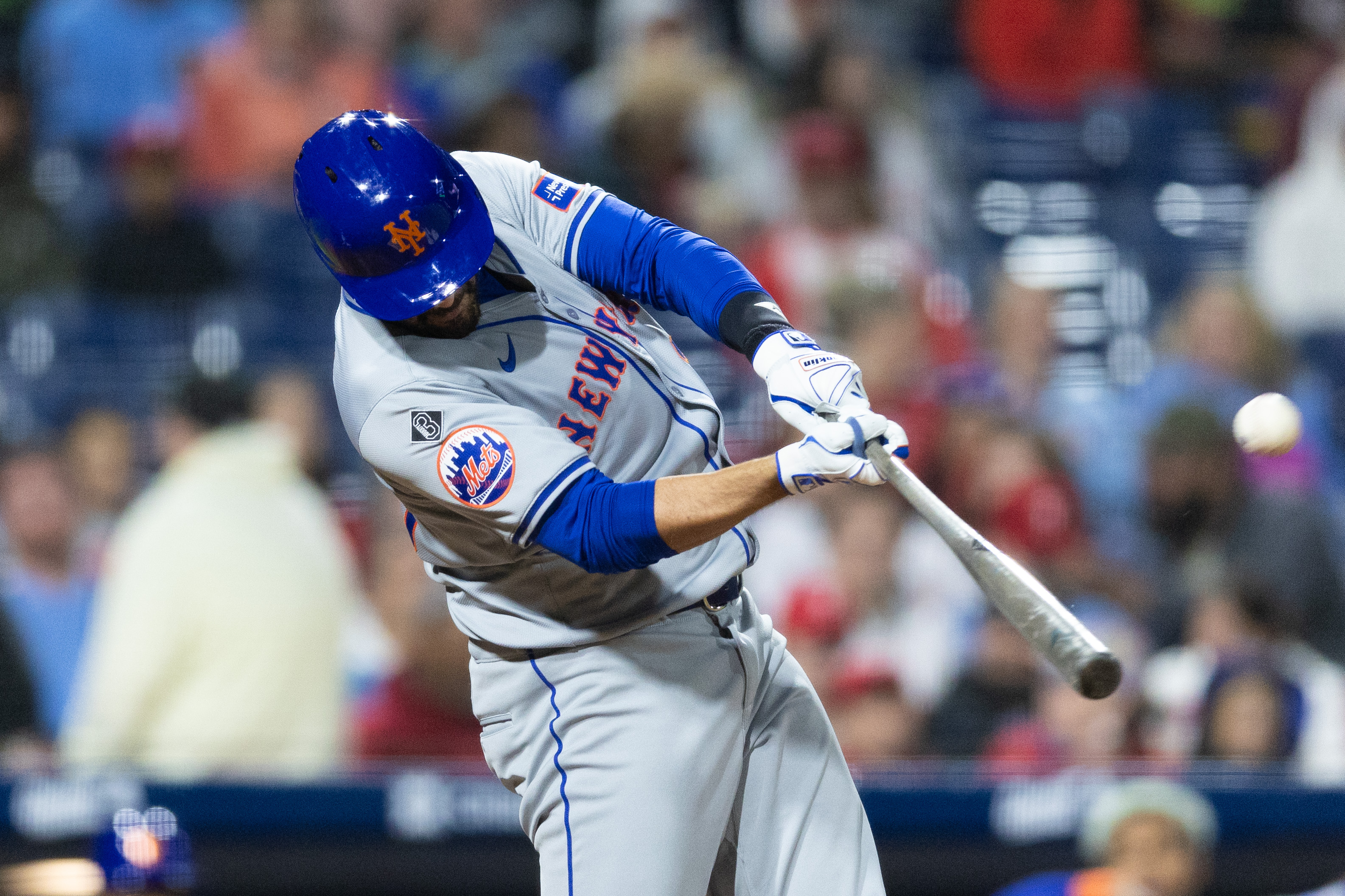 May 15, 2024; Philadelphia, Pennsylvania, USA; New York Mets designated hitter J.D. Martinez (28) hits a home run during the eighth inning against the Philadelphia Phillies at Citizens Bank Park. Mandatory Credit: Bill Streicher-USA TODAY Sports