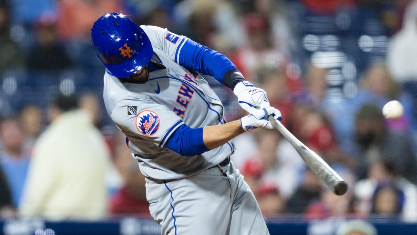 May 15, 2024; Philadelphia, Pennsylvania, USA; New York Mets designated hitter J.D. Martinez (28) hits a home run during the eighth inning against the Philadelphia Phillies at Citizens Bank Park. Mandatory Credit: Bill Streicher-USA TODAY Sports