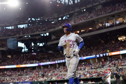 Jun 18, 2024; Arlington, Texas, USA;  New York Mets third base Mark Vientos (27) walks back to the dugout after scoring a run in the fifth inning against the Texas Rangers at Globe Life Field. Mandatory Credit: Tim Heitman-USA TODAY Sports