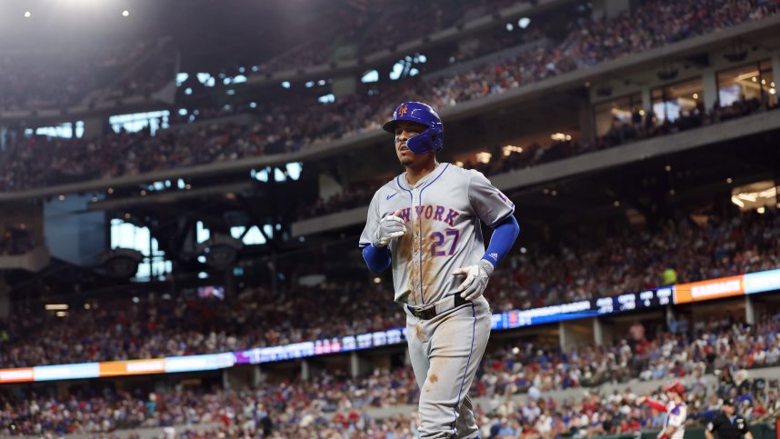 Jun 18, 2024; Arlington, Texas, USA;  New York Mets third base Mark Vientos (27) walks back to the dugout after scoring a run in the fifth inning against the Texas Rangers at Globe Life Field. Mandatory Credit: Tim Heitman-USA TODAY Sports