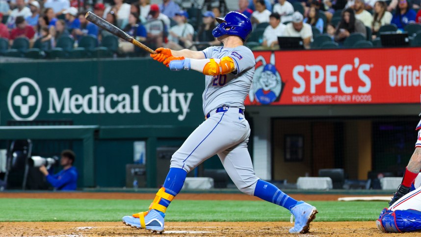 Jun 19, 2024; Arlington, Texas, USA; New York Mets first baseman Pete Alonso (20) hits a two-run home run during the sixth inning against the Texas Rangers at Globe Life Field. Mandatory Credit: Kevin Jairaj-USA TODAY Sports