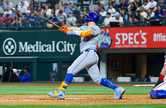 Jun 19, 2024; Arlington, Texas, USA; New York Mets first baseman Pete Alonso (20) hits a two-run home run during the sixth inning against the Texas Rangers at Globe Life Field. Mandatory Credit: Kevin Jairaj-USA TODAY Sports