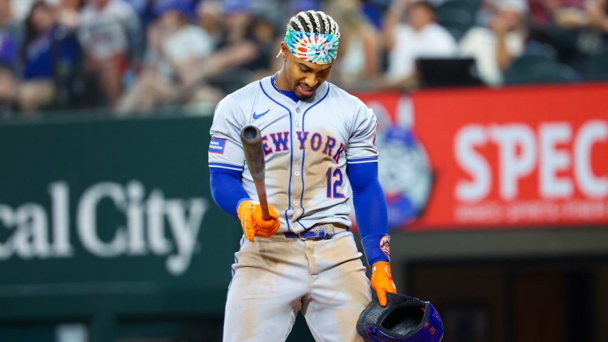 Jun 19, 2024; Arlington, Texas, USA; New York Mets shortstop Francisco Lindor (12) reacts after striking out during the seventh inning against the Texas Rangers at Globe Life Field. Mandatory Credit: Kevin Jairaj-USA TODAY Sports