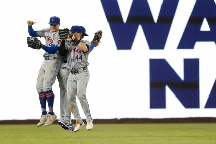 Jun 4, 2024; Washington, District of Columbia, USA; New York Mets outfielder Brandon Nimmo (9) Mets outfielder Harrison Bader (44), and Mets outfielder Starling Marte (6) celebrate after their game against the Washington Nationals at Nationals Park. Mandatory Credit: Geoff Burke-USA TODAY Sports