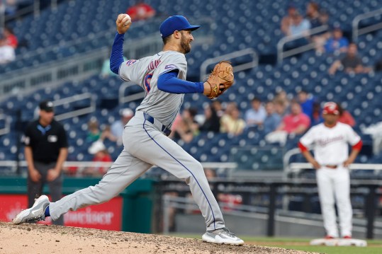 Jun 5, 2024; Washington, District of Columbia, USA; New York Mets relief pitcher Danny Young (81) pitches against the Washington Nationals during the ninth inning at Nationals Park. Mandatory Credit: Geoff Burke-USA TODAY Sports