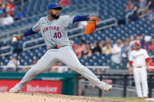 Jun 5, 2024; Washington, District of Columbia, USA; New York Mets pitcher Luis Severino (40) pitches against the Washington Nationals during the eighth inning at Nationals Park. Mandatory Credit: Geoff Burke-USA TODAY Sports