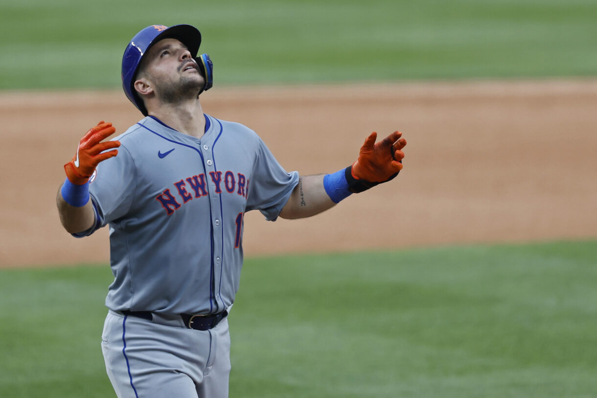 Jun 5, 2024; Washington, District of Columbia, USA;New York Mets catcher Luis Torrens (13) celebrates while rounding the bases after hitting a solo home run against the Washington Nationals during the sixth inning  at Nationals Park. Mandatory Credit: Geoff Burke-USA TODAY Sports