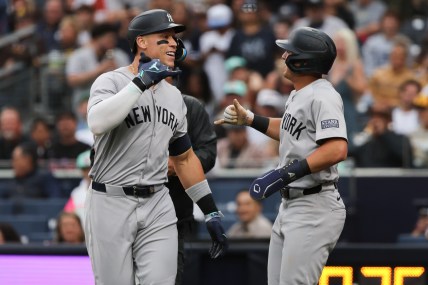 May 25, 2024; San Diego, California, USA; New York Yankees center fielder Aaron Judge (99)celebrates with shortstop Anthony Volpe (11) after a two run home run in the first inning against the San Diego Padres at Petco Park. Mandatory Credit: Chadd Cady-USA TODAY Sports