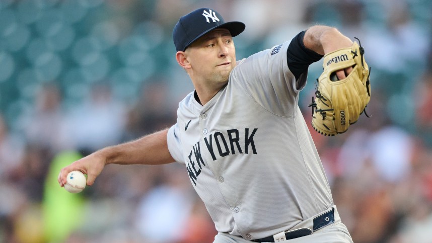 Jun 1, 2024; San Francisco, California, USA; New York Yankees starting pitcher Cody Poteet (72) throws a pitch against the San Francisco Giants during the first inning at Oracle Park. Mandatory Credit: Robert Edwards-USA TODAY Sports