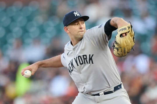 Jun 1, 2024; San Francisco, California, USA; New York Yankees starting pitcher Cody Poteet (72) throws a pitch against the San Francisco Giants during the first inning at Oracle Park. Mandatory Credit: Robert Edwards-USA TODAY Sports