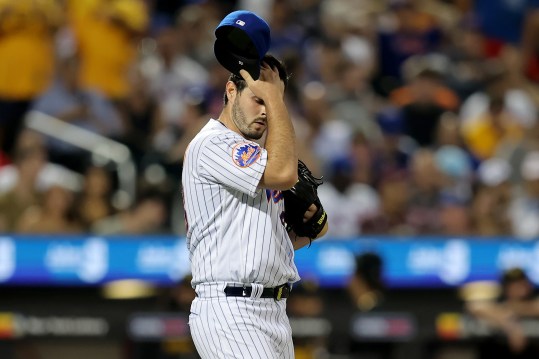 Aug 15, 2023; New York City, New York, USA; New York Mets relief pitcher Grant Hartwig (93) reacts during the seventh inning against the Pittsburgh Pirates at Citi Field. Mandatory Credit: Brad Penner-USA TODAY Sports