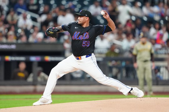 Jun 14, 2024; New York City, New York, USA;  New York Mets pitcher Sean Manaea (59) delivers a pitch against the San Diego Padres during the first inning at Citi Field. Mandatory Credit: Gregory Fisher-USA TODAY Sports