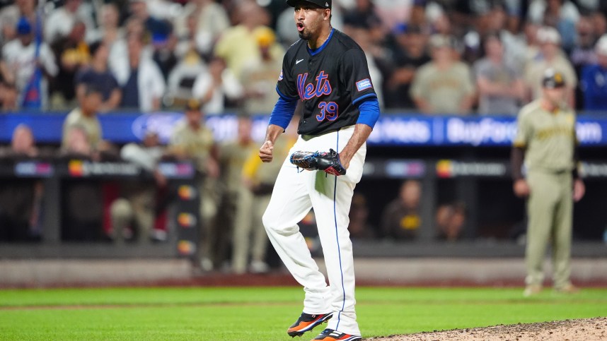 Jun 14, 2024; New York City, New York, USA; New York Mets pitcher Edwin Diaz (39) reacts to striking out the last batter during the ninth inning against the San Diego Padres at Citi Field. Mandatory Credit: Gregory Fisher-USA TODAY Sports