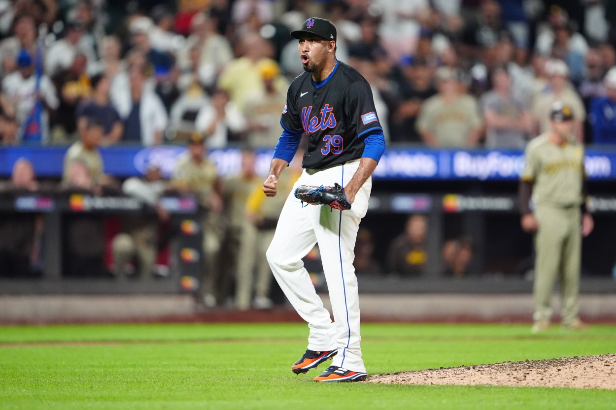 Jun 14, 2024; New York City, New York, USA; New York Mets pitcher Edwin Diaz (39) reacts to striking out the last batter during the ninth inning against the San Diego Padres at Citi Field. Mandatory Credit: Gregory Fisher-USA TODAY Sports