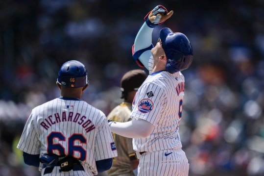 Jun 16, 2024; New York City, New York, USA; New York Mets outfielder Brandon Nimmo (9) reacts after hitting a single against the San Diego Padres during the fourth inning at Citi Field. Mandatory Credit: John Jones-USA TODAY Sports