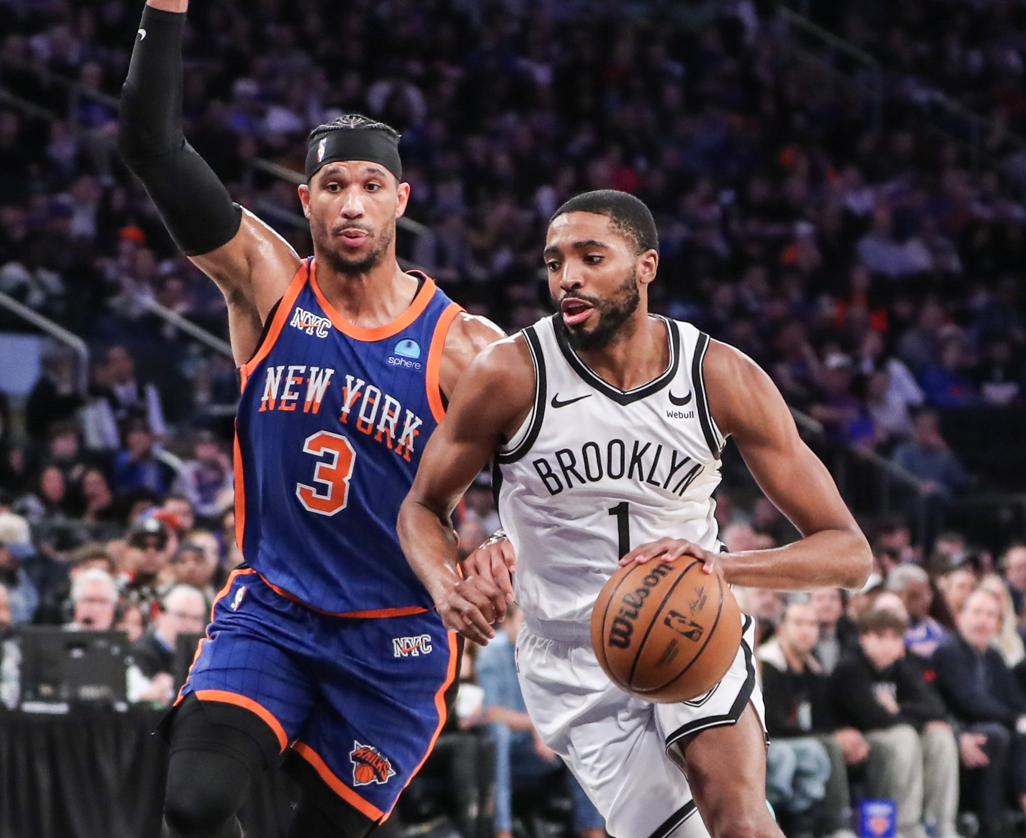 Mar 23, 2024; New York, New York, USA;  Brooklyn Nets forward Mikal Bridges (1) looks to drive past New York Knicks guard Josh Hart (3) in the second quarter at Madison Square Garden. Mandatory Credit: Wendell Cruz-USA TODAY Sports