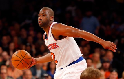 Apr 13, 2014; New York, NY, USA;  New York Knicks guard Raymond Felton (2) brings the ball up court during the second half against the Chicago Bulls at Madison Square Garden. New York Knicks defeat the Chicago Bulls 100-89. Mandatory Credit: Jim O'Connor-USA TODAY Sports