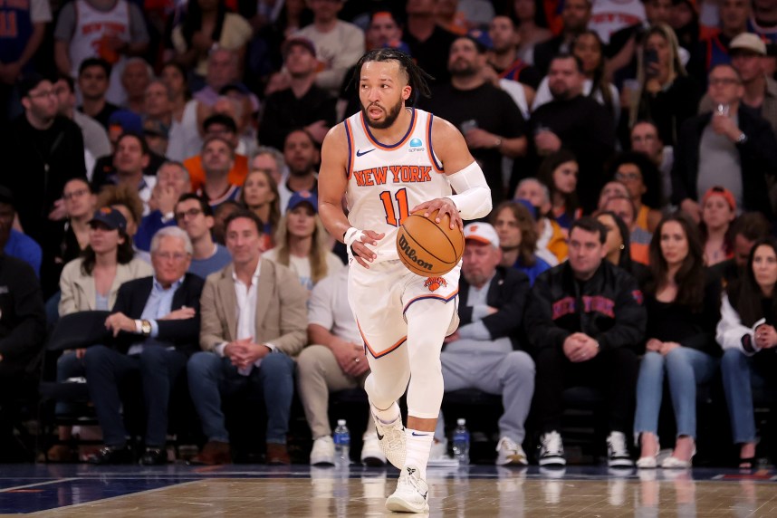 May 19, 2024; New York, New York, USA; New York Knicks guard Jalen Brunson (11) brings the ball up court against the Indiana Pacers during the third quarter of game seven of the second round of the 2024 NBA playoffs at Madison Square Garden. Mandatory Credit: Brad Penner-USA TODAY Sports