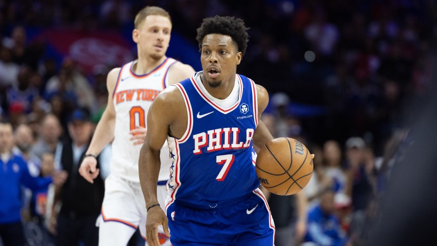 May 2, 2024; Philadelphia, Pennsylvania, USA; Philadelphia 76ers guard Kyle Lowry (7) controls the ball against the New York Knicks during the second half of game six of the first round for the 2024 NBA playoffs at Wells Fargo Center. Mandatory Credit: Bill Streicher-USA TODAY Sports