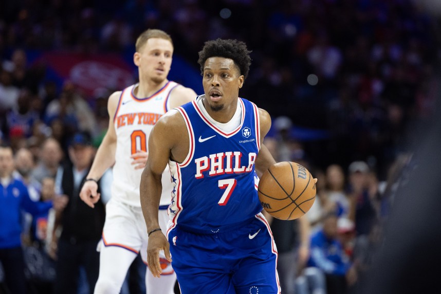 May 2, 2024; Philadelphia, Pennsylvania, USA; Philadelphia 76ers guard Kyle Lowry (7) controls the ball against the New York Knicks during the second half of game six of the first round for the 2024 NBA playoffs at Wells Fargo Center. Mandatory Credit: Bill Streicher-USA TODAY Sports