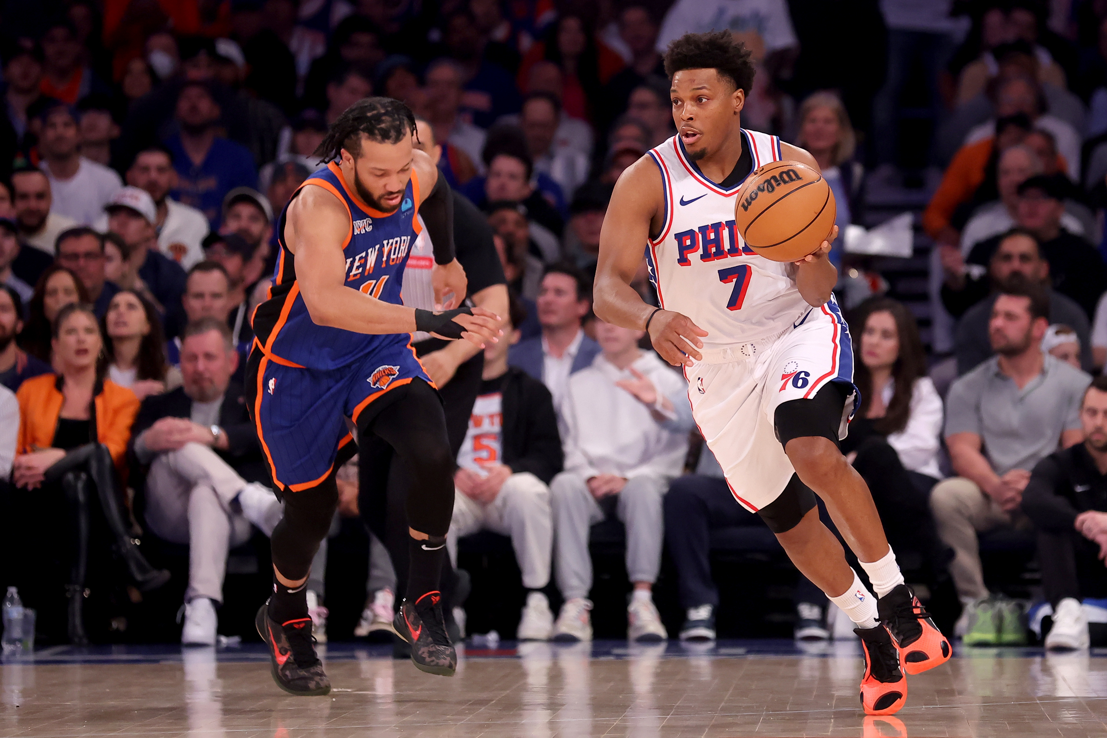 Apr 30, 2024; New York, New York, USA; Philadelphia 76ers guard Kyle Lowry (7) brings the ball up court against New York Knicks guard Jalen Brunson (11) during the first quarter of game 5 of the first round of the 2024 NBA playoffs at Madison Square Garden. Mandatory Credit: Brad Penner-USA TODAY Sports