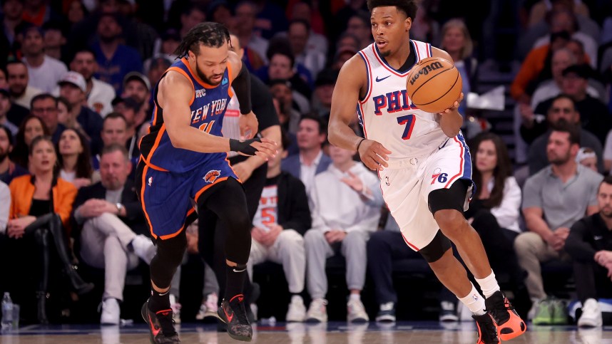 Apr 30, 2024; New York, New York, USA; Philadelphia 76ers guard Kyle Lowry (7) brings the ball up court against New York Knicks guard Jalen Brunson (11) during the first quarter of game 5 of the first round of the 2024 NBA playoffs at Madison Square Garden. Mandatory Credit: Brad Penner-USA TODAY Sports