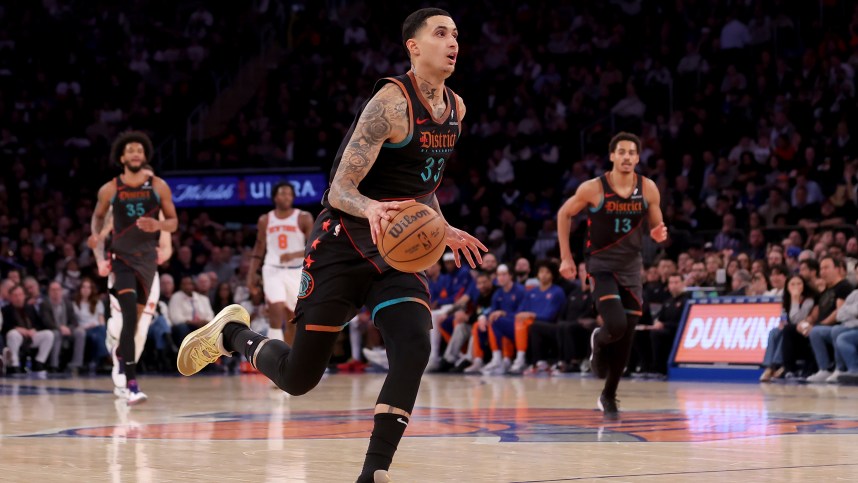 Jan 18, 2024; New York, New York, USA; Washington Wizards forward Kyle Kuzma (33) drives to the basket against the New York Knicks during the third quarter at Madison Square Garden. Mandatory Credit: Brad Penner-USA TODAY Sports