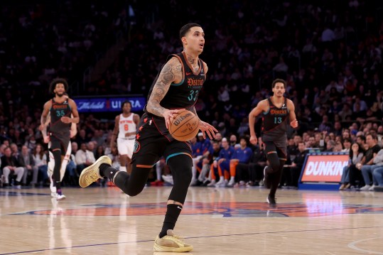 Jan 18, 2024; New York, New York, USA; Washington Wizards forward Kyle Kuzma (33) drives to the basket against the New York Knicks during the third quarter at Madison Square Garden. Mandatory Credit: Brad Penner-USA TODAY Sports