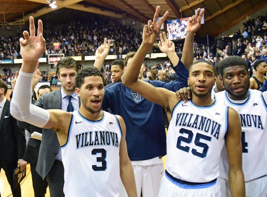 Feb 7, 2017; Villanova, PA, USA; Villanova Wildcats guard Josh Hart (3), guard Mikal Bridges (25) and forward Eric Paschall (4) salute the crowd after win against the Georgetown Hoyas at The Pavilion. Villanova defeated Georgetown 75-64. Mandatory Credit: Eric Hartline-USA TODAY Sports