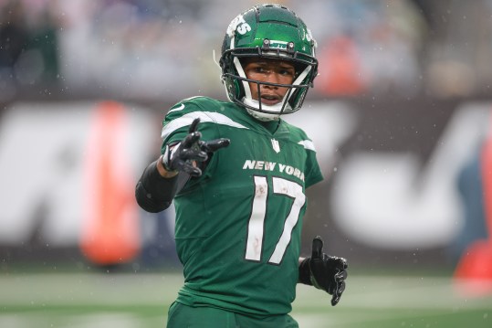 Dec 10, 2023; East Rutherford, New Jersey, USA; New York Jets wide receiver Garrett Wilson (17) before a snap during the second half against the Houston Texans at MetLife Stadium. Mandatory Credit: Vincent Carchietta-USA TODAY Sports