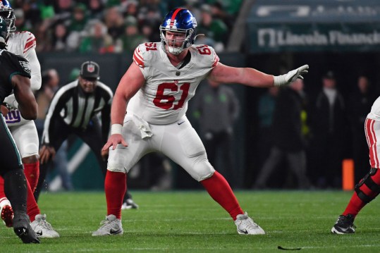 Dec 25, 2023; Philadelphia, Pennsylvania, USA; New York Giants center John Michael Schmitz Jr. (61) against the Philadelphia Eagles at Lincoln Financial Field. Mandatory Credit: Eric Hartline-USA TODAY Sports