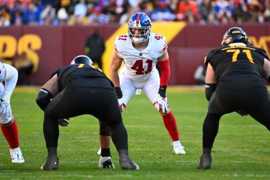 Nov 19, 2023; Landover, Maryland, USA; New York Giants linebacker Micah McFadden (41) at the line of scrimmage against the Washington Commanders during the first half at FedExField. Mandatory Credit: Brad Mills-USA TODAY Sports