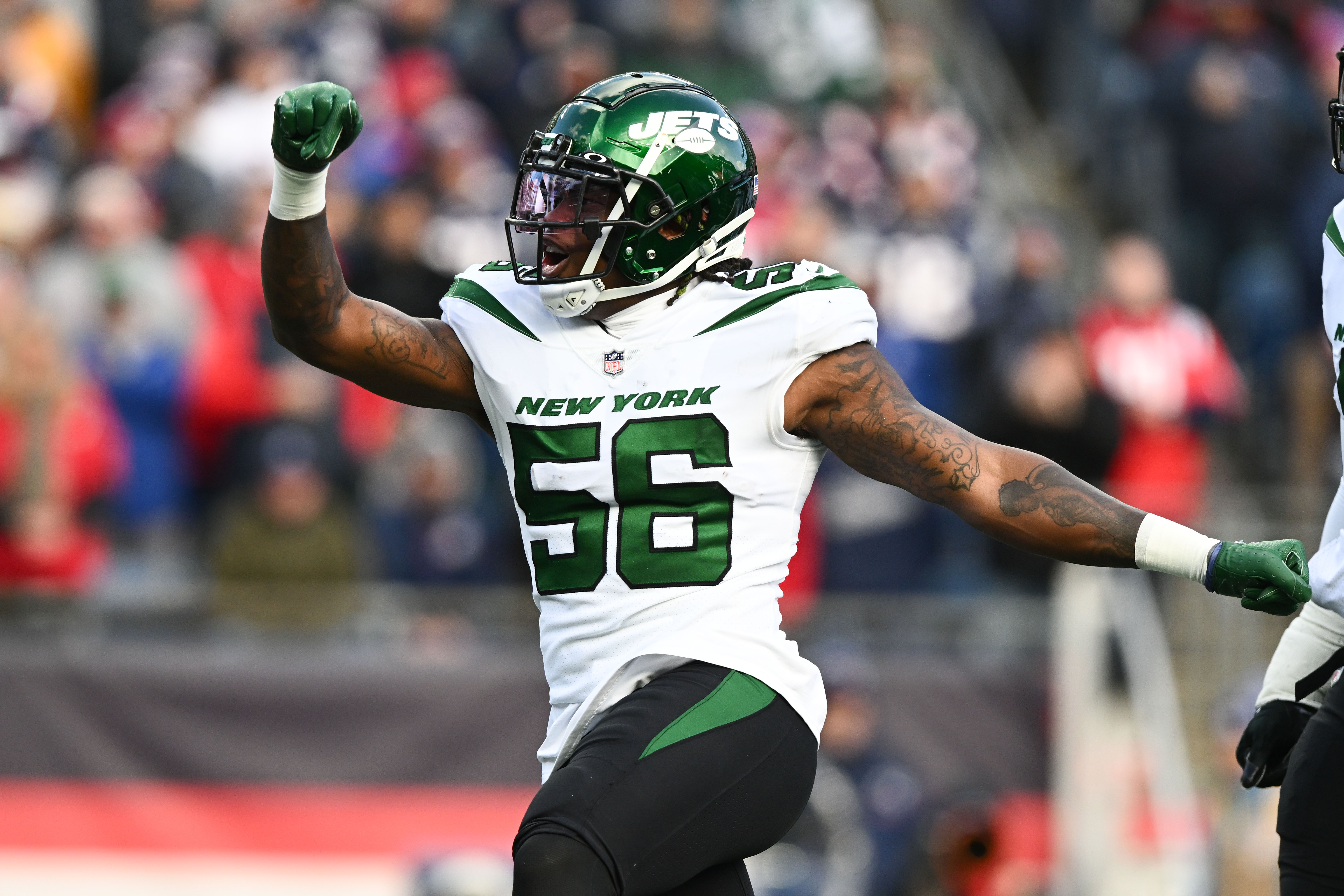 Nov 20, 2022; Foxborough, Massachusetts, USA; New York Jets linebacker Quincy Williams (56) reacts after a sack against the New England Patriots during the first half at Gillette Stadium. Mandatory Credit: Brian Fluharty-USA TODAY Sports