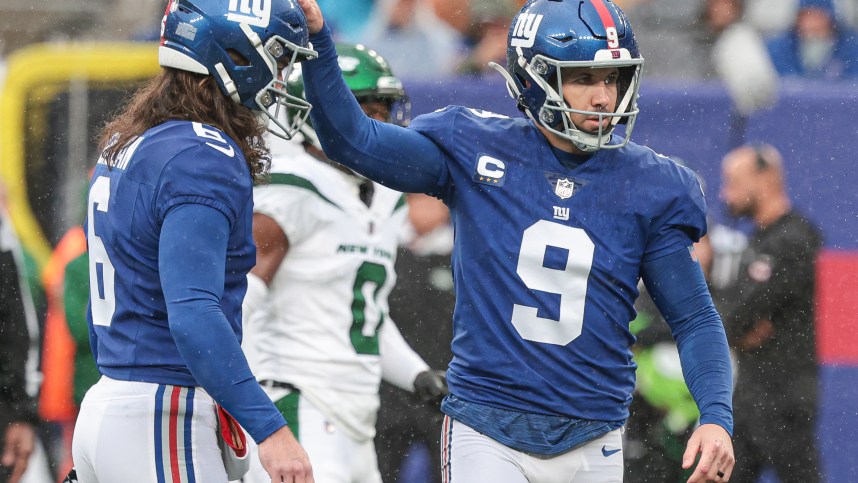 Oct 29, 2023; East Rutherford, New Jersey, USA; New York Giants place kicker Graham Gano (9) celebrates his field goal with punter Jamie Gillan (6) during the first half against the New York Jets at MetLife Stadium. Mandatory Credit: Vincent Carchietta-USA TODAY Sports