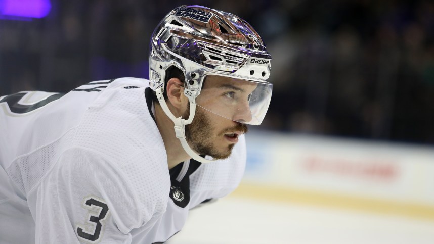 Dec 10, 2023; New York, New York, USA; Los Angeles Kings defenseman Matt Roy (3) awaits a face-off against the New York Rangers during the second period at Madison Square Garden. Mandatory Credit: Danny Wild-USA TODAY Sports