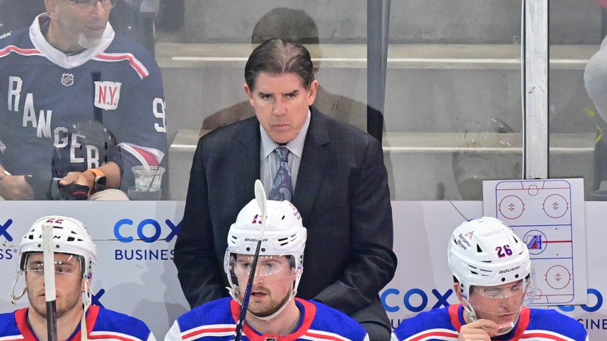 Mar 30, 2024; Tempe, Arizona, USA;  New York Rangers head coach Peter Laviolette looks on prior to the game against the Arizona Coyotes at Mullett Arena. Mandatory Credit: Matt Kartozian-USA TODAY Sports