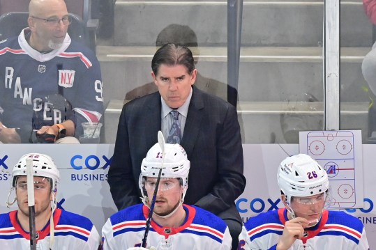 Mar 30, 2024; Tempe, Arizona, USA;  New York Rangers head coach Peter Laviolette looks on prior to the game against the Arizona Coyotes at Mullett Arena. Mandatory Credit: Matt Kartozian-USA TODAY Sports