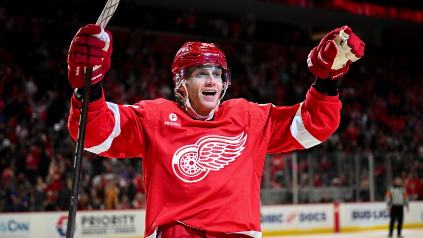 Apr 5, 2024; Detroit, Michigan, USA; Detroit Red Wings right wing Patrick Kane (88) celebrates center Dylan Larkin (not pictured) goal during the second period against the New York Rangers at Little Caesars Arena. Mandatory Credit: Tim Fuller-USA TODAY Sports