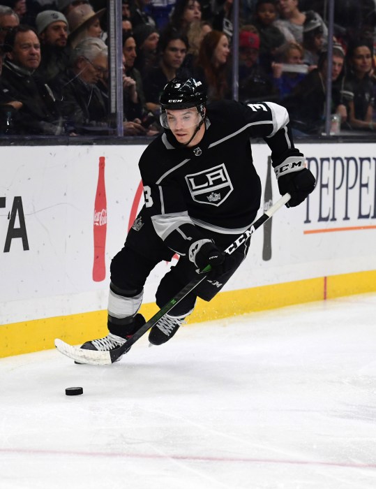 Dec 10, 2019; Los Angeles, CA, USA; Los Angeles Kings defenseman Matt Roy (3) handles the puck against the New York Rangers  in the third period at Staples Center. The Kings defeated the Rangers 3-1. Mandatory Credit: Kirby Lee-USA TODAY Sports