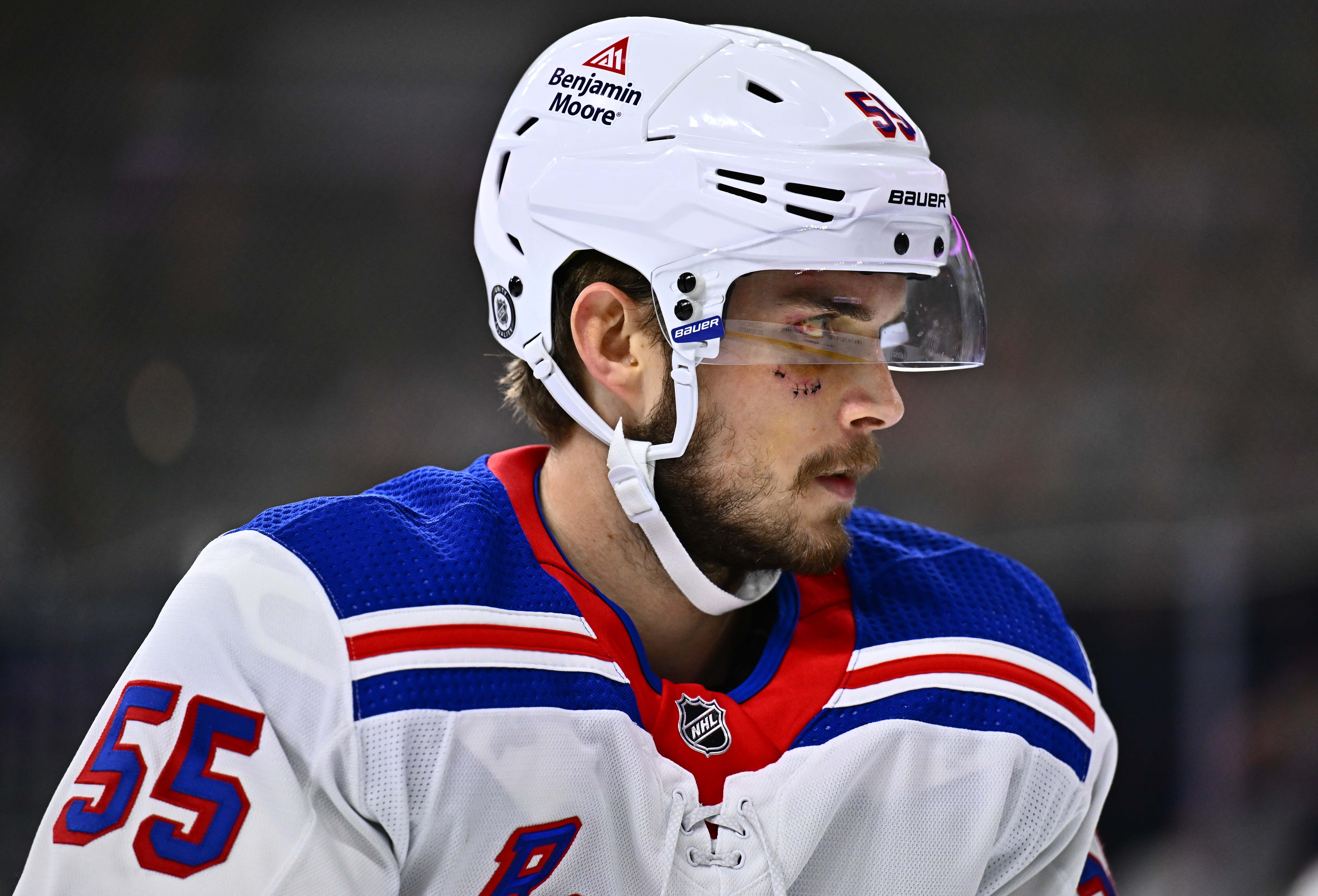 Feb 24, 2024; Philadelphia, Pennsylvania, USA; New York Rangers defenseman Ryan Lindgren (55) looks on against the Philadelphia Flyers in the third period at Wells Fargo Center. Mandatory Credit: Kyle Ross-USA TODAY Sports