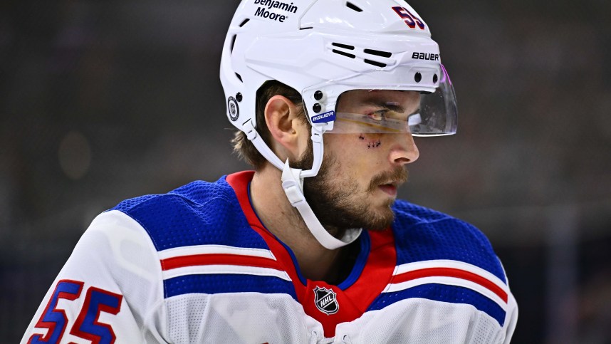 Feb 24, 2024; Philadelphia, Pennsylvania, USA; New York Rangers defenseman Ryan Lindgren (55) looks on against the Philadelphia Flyers in the third period at Wells Fargo Center. Mandatory Credit: Kyle Ross-USA TODAY Sports