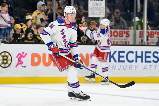 Sep 24, 2023; Boston, Massachusetts, USA; New York Rangers center Adam Edstrom (84) skates in warm-ups prior to the game against the Boston Bruins at TD Garden. Mandatory Credit: Eric Canha-USA TODAY Sports