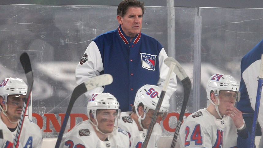 Feb 18, 2024; East Rutherford, New Jersey, USA; New York Rangers head coach Peter Laviolette coaches against the New York Islanders during the third period of a Stadium Series ice hockey game at MetLife Stadium. Mandatory Credit: Brad Penner-USA TODAY Sports